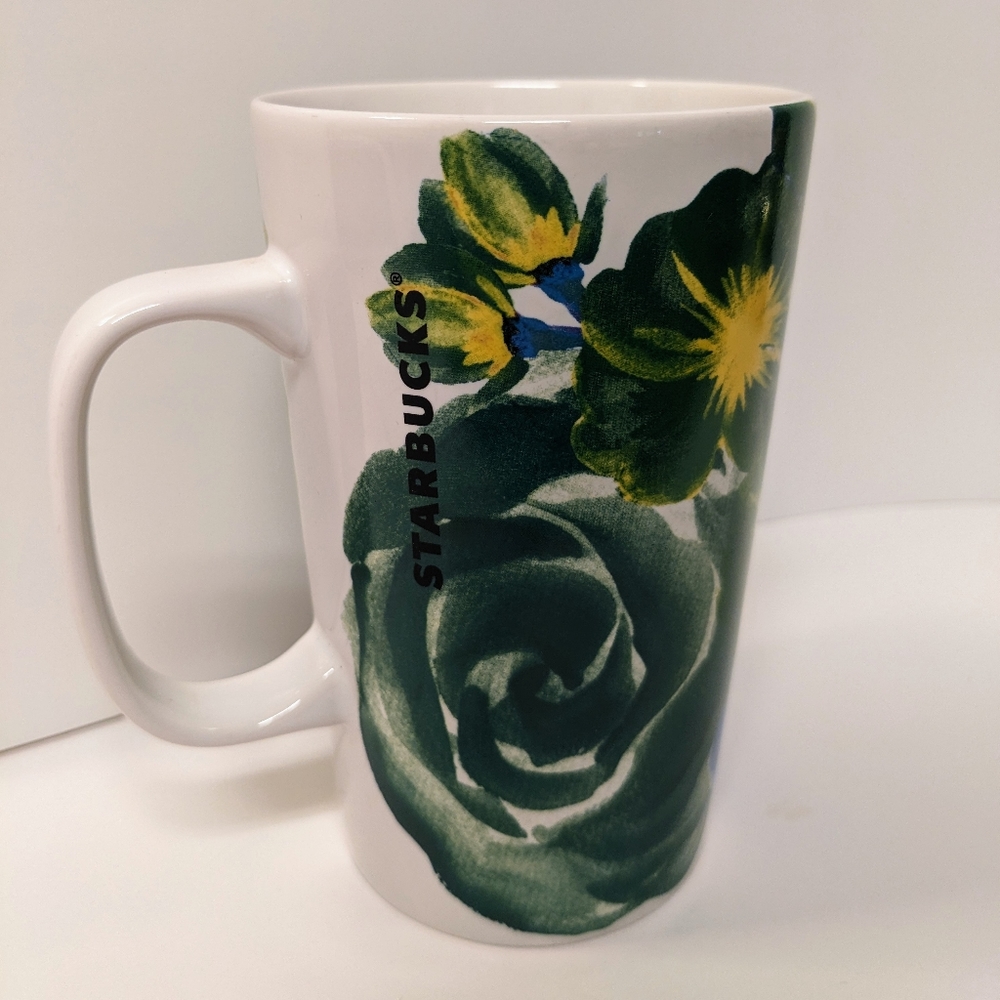 Starbucks 2014 Floral Green Dot Coffee Mug Tall Cup 16 oz